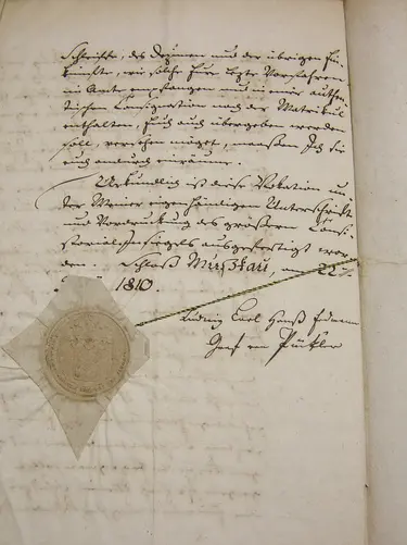 Berufungsurkunde des Pastors Johann Wehlam (Jan Welan) 1773  – 1852 durch Graf  Pückler vom 22. Juli 1810